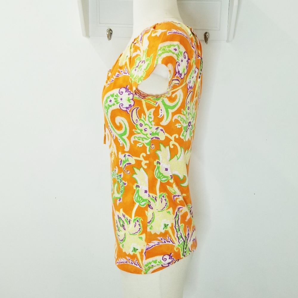Lauren Ralph Lauren Cap Sleeve Cotton Top Orange Tropical Paisley Sz XS-S - Picture 4 of 14